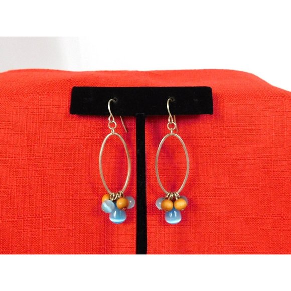 Oval Hoop Beaded Earrings Blue Brown Beads Fishhook Closure - Picture 5 of 7